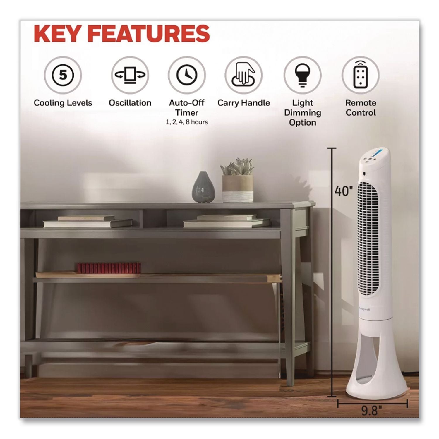 QuietSet Whole Room Tower Fan, White, 5 Speed