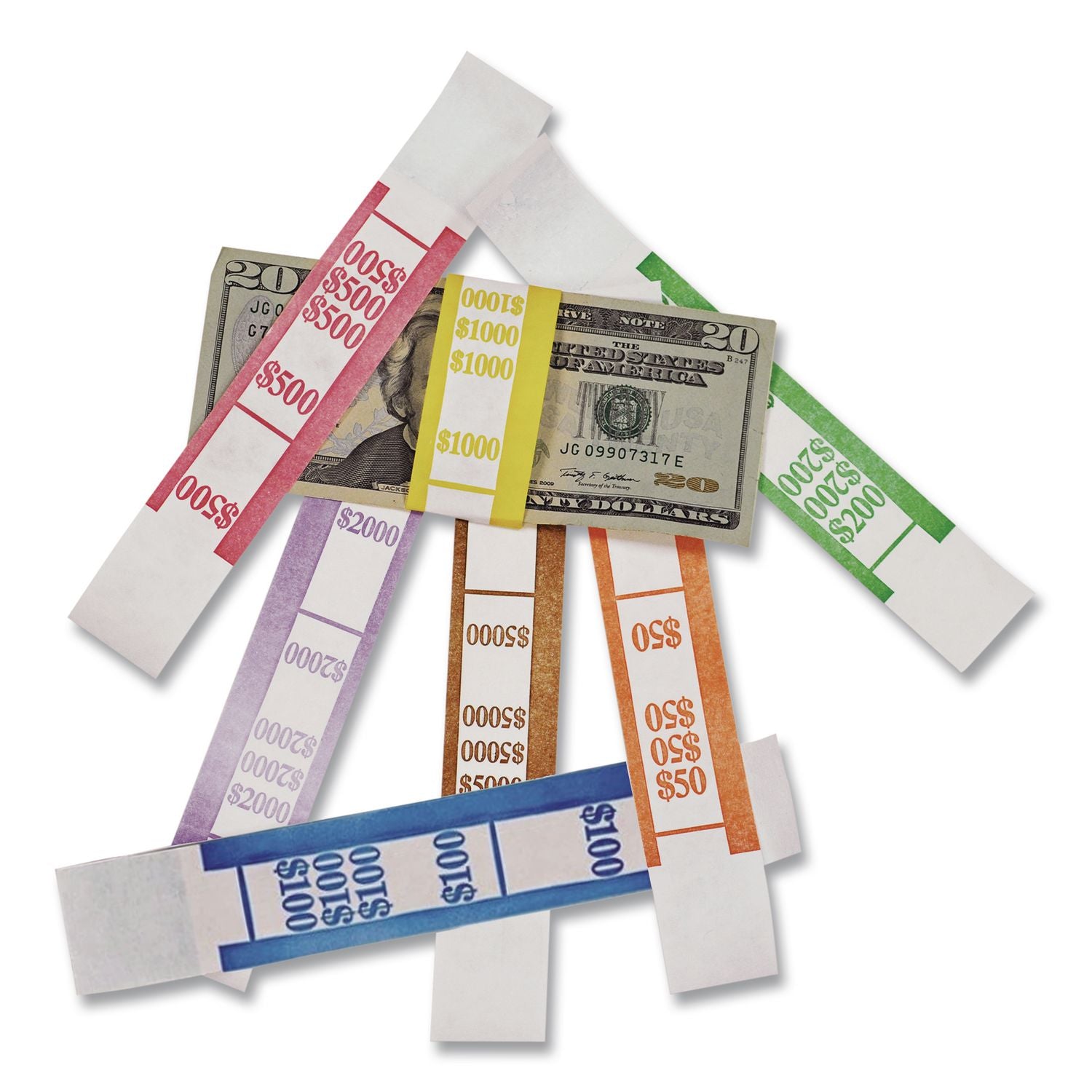Color-Coded Kraft Currency Straps, Dollar Bill, $100, Self-Adhesive, 1000/Pack