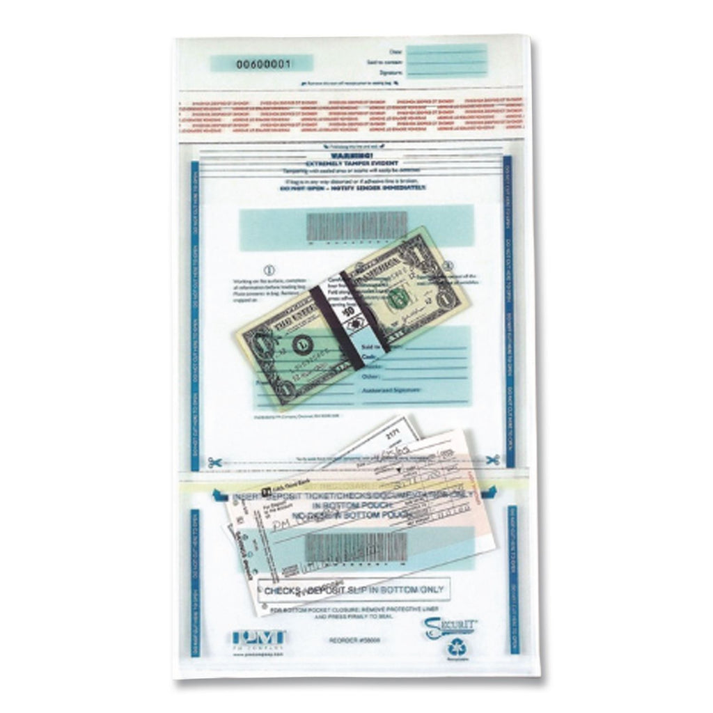 Clear Dual Deposit Bags, Tamper Evident, Plastic, 11 x 15, Clear, 100/Pack