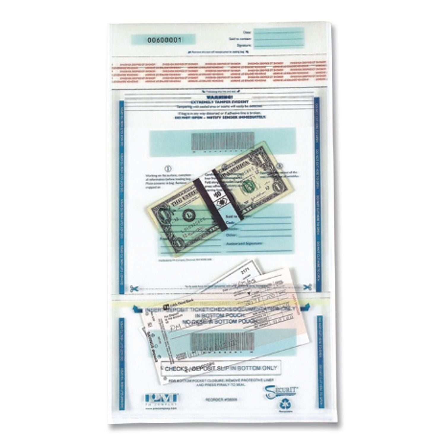 Clear Dual Deposit Bags, Tamper Evident, Plastic, 11 x 15, Clear, 100/Pack