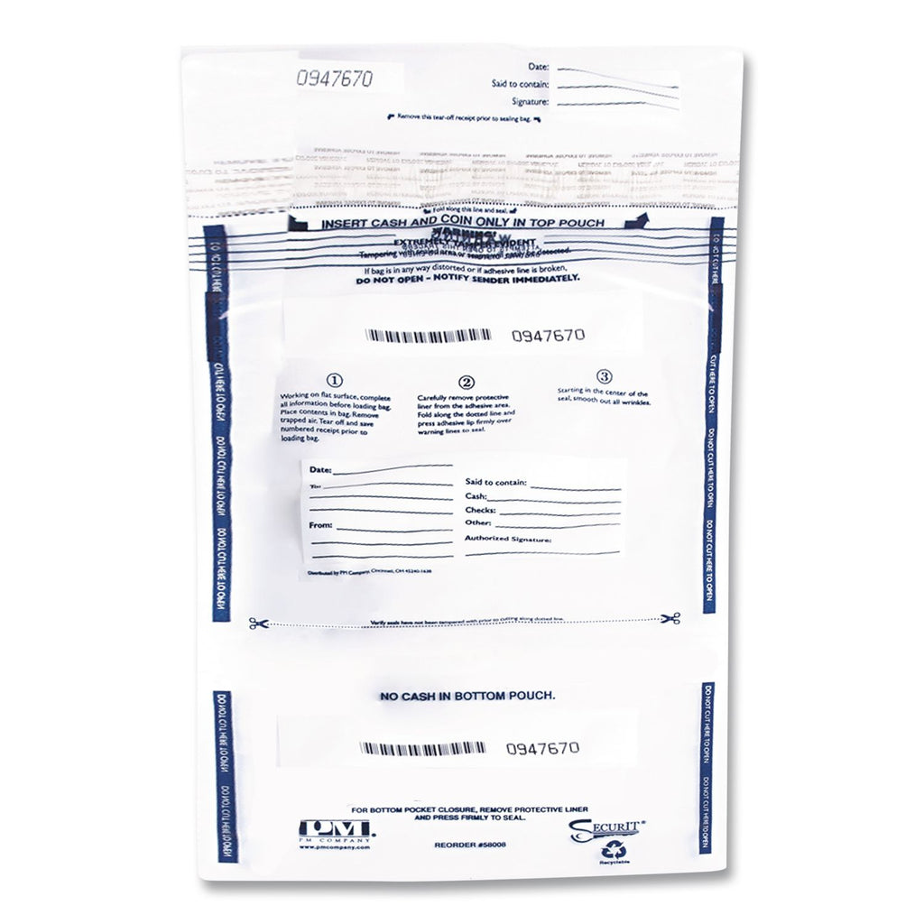 Clear Dual Deposit Bags, Tamper Evident, Plastic, 11 x 15, Clear, 100/Pack