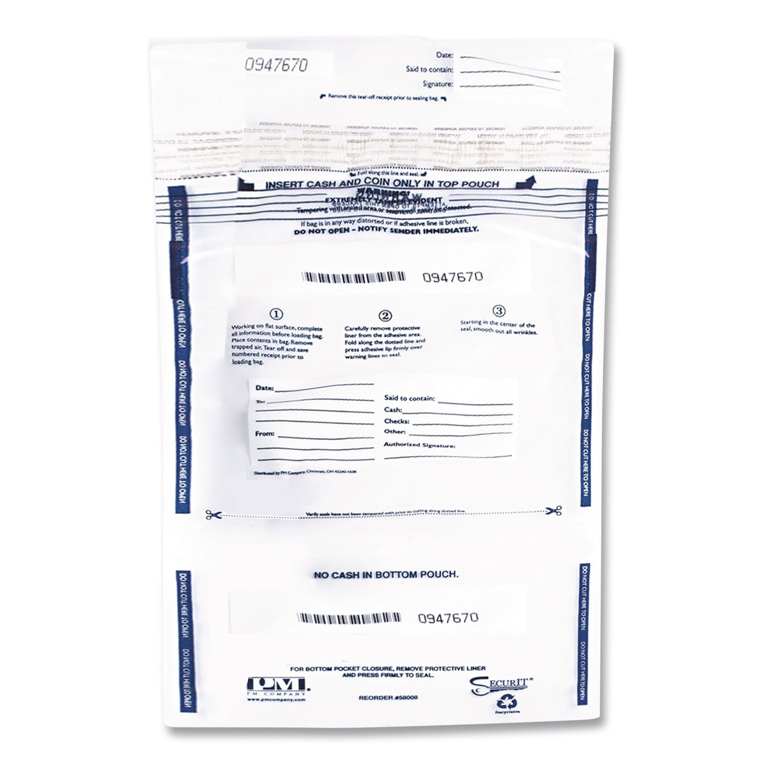 Clear Dual Deposit Bags, Tamper Evident, Plastic, 11 x 15, Clear, 100/Pack