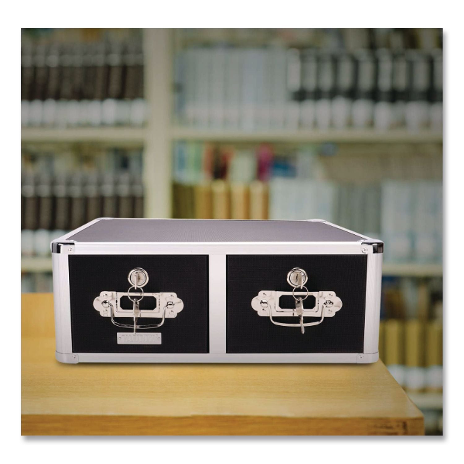 Vaultz Locking Two-Drawer Index Card Box, Holds 3,000 4 x 6 Cards, 17.5 x 14 x 6.5, Black