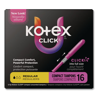 U by Kotex Click Compact Tampons, Regular, 16/Pack, 8 Packs/Carton