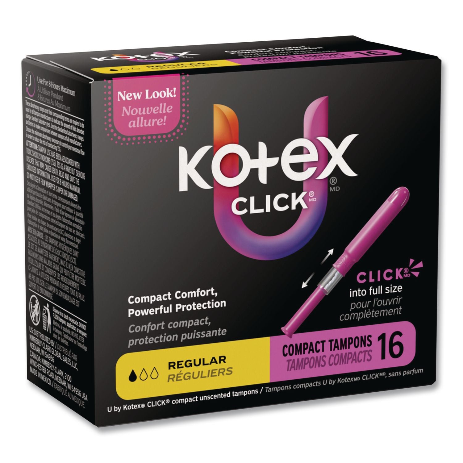U by Kotex Click Compact Tampons, Regular, 16/Pack, 8 Packs/Carton