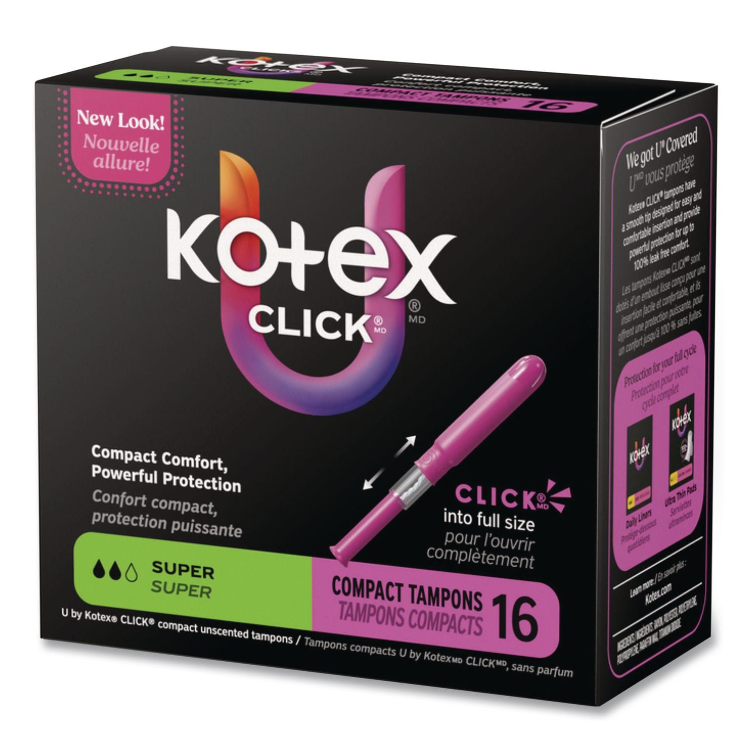 U by Kotex Click Compact Tampons, Super Absorbency, 16/Pack, 8 Packs/Carton