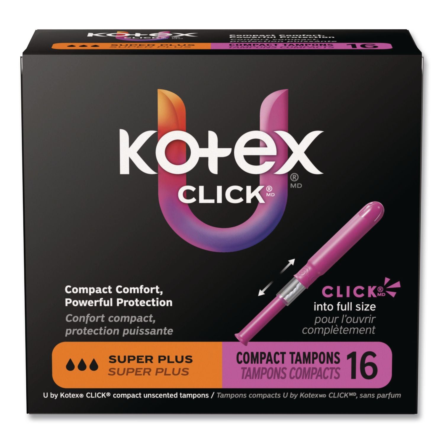 U by Kotex Click Compact Tampons, Super Plus Absorbency, 16/Pack, 8 Packs/Carton