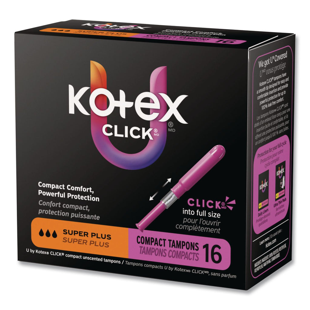 U by Kotex Click Compact Tampons, Super Plus Absorbency, 16/Pack, 8 Packs/Carton