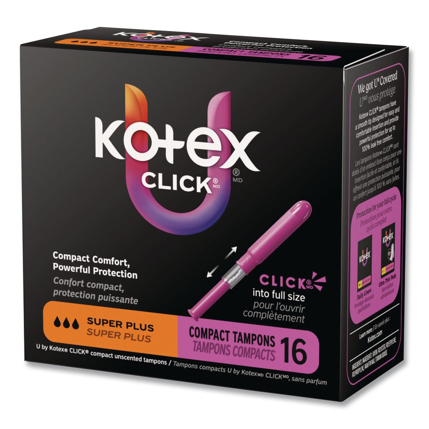 U by Kotex Click Compact Tampons, Super Plus Absorbency, 16/Pack, 8 Packs/Carton