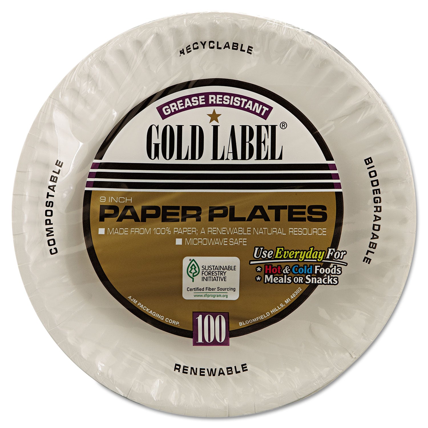 Gold Label Coated Paper Plates, 9" dia, White, 100/Pack, 10 Packs/Carton - 