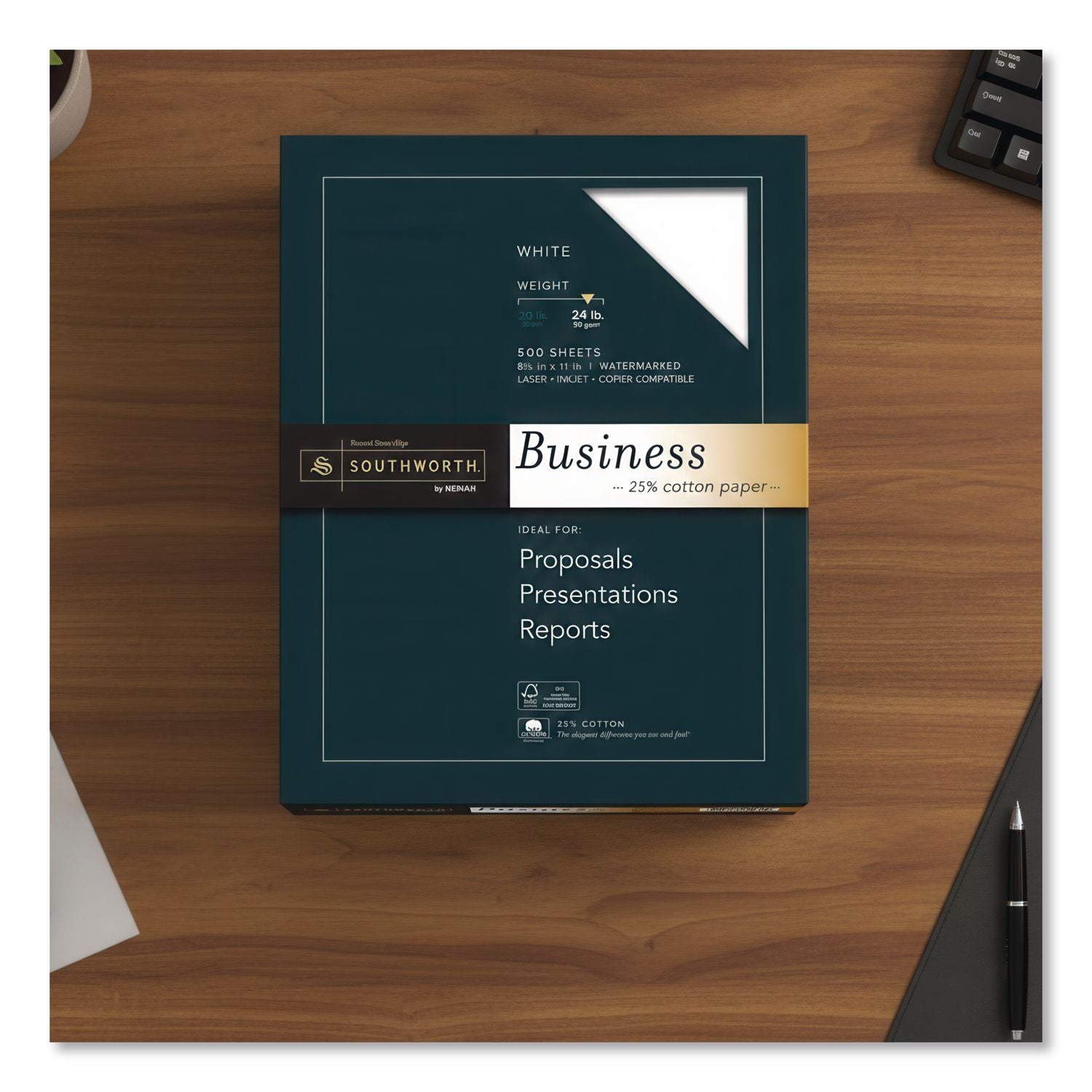25% Cotton Business Paper, 95 Bright, 24 lb Bond Weight, 8.5 x 11, White, 500 Sheets/Ream