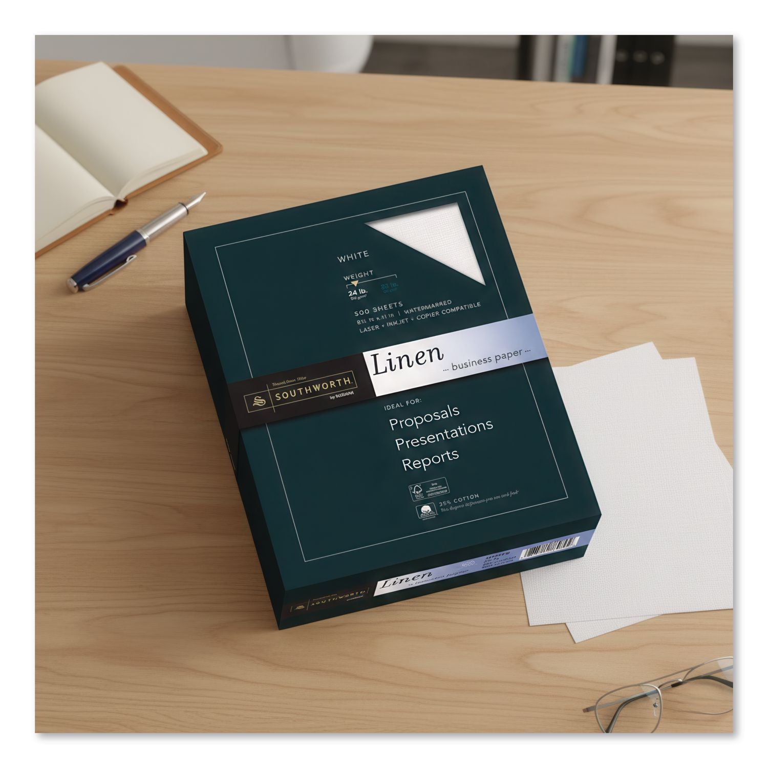 25% Cotton Linen Business Paper, 91 Bright, 24 lb Bond Weight, 8.5 x 11, White, 500/Ream