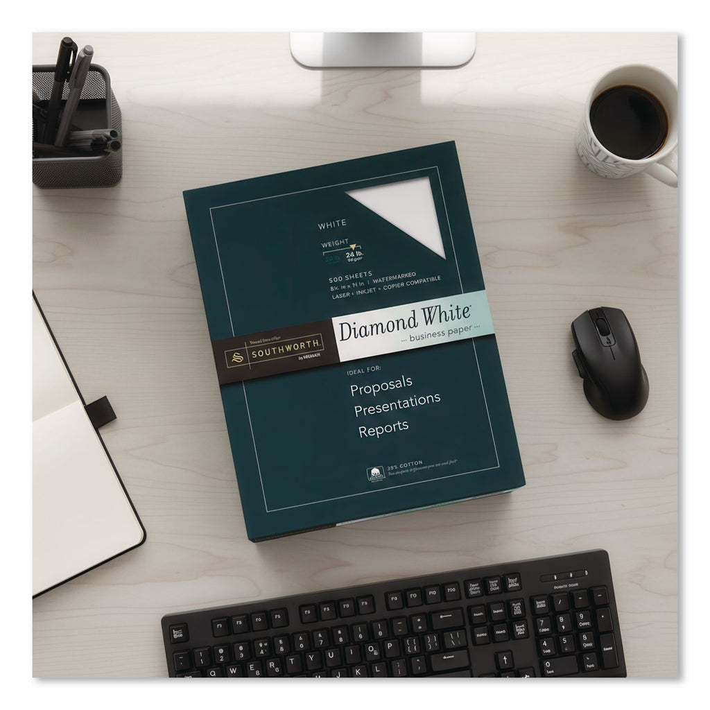 25% Cotton Diamond White Business Paper, 95 Bright, 24 lb Bond Weight, 8.5 x 11, 500/Ream