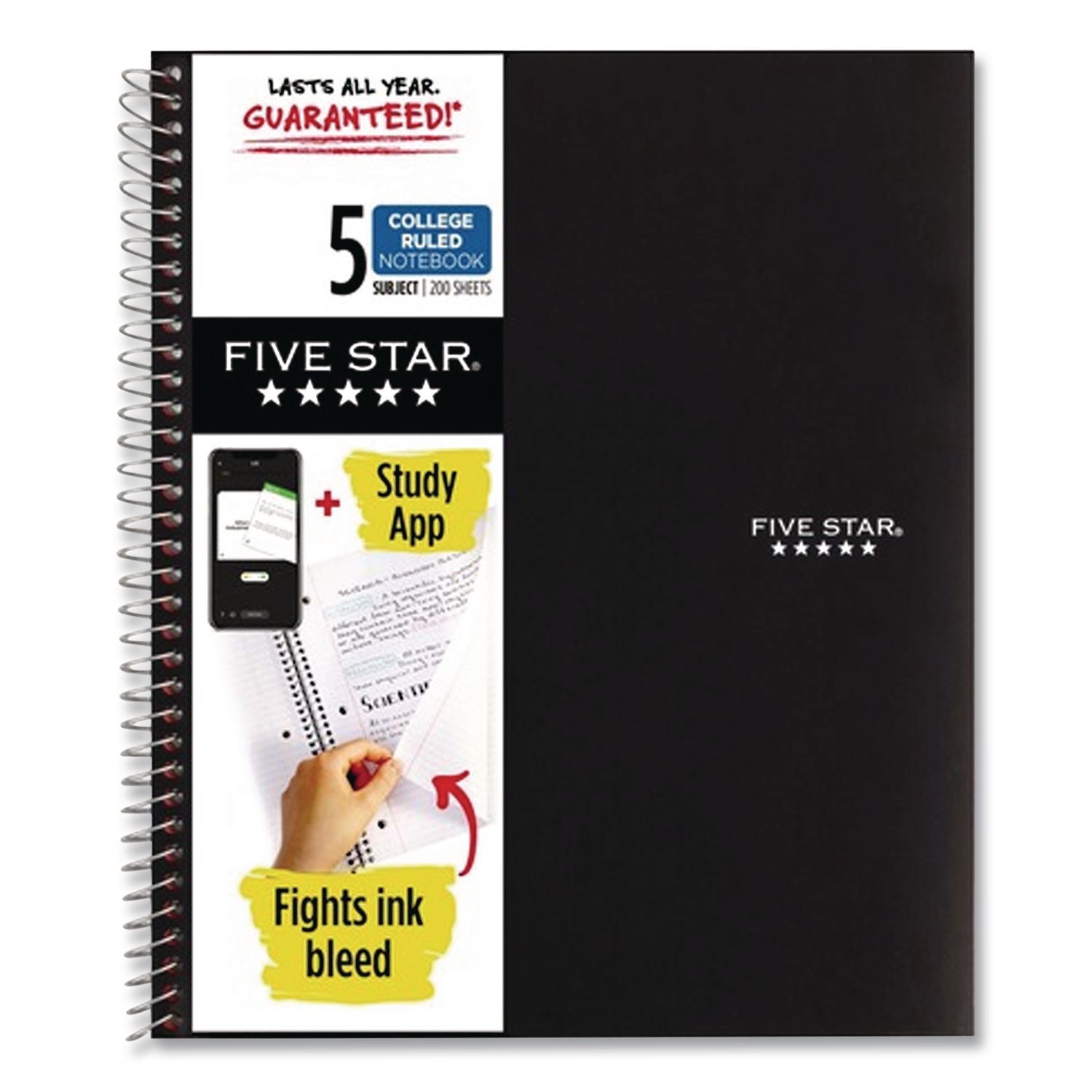 Five Star Notebook - 5 Subject(s) - 200 Sheets - Wire Bound - College Ruled - 3 Hole(s) - Letter - 8 1/2" x 11" - Black Cover - Bleed Resistant, Pocket, Perforated, Water Resistant, Spiral Lock, Acid-free, Pocket Divider - 1 Each