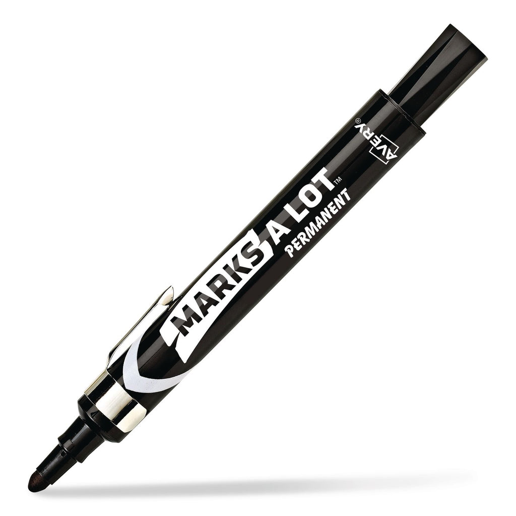 MARKS A LOT Large Desk-Style Permanent Marker with Metal Pocket Clip, Broad Bullet Tip, Black, Dozen (24878)