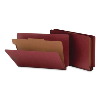 End Tab Pressboard Classification Folders, Four SafeSHIELD Fasteners, 2" Expansion, 1 Divider, Legal Size, Red, 10/Box