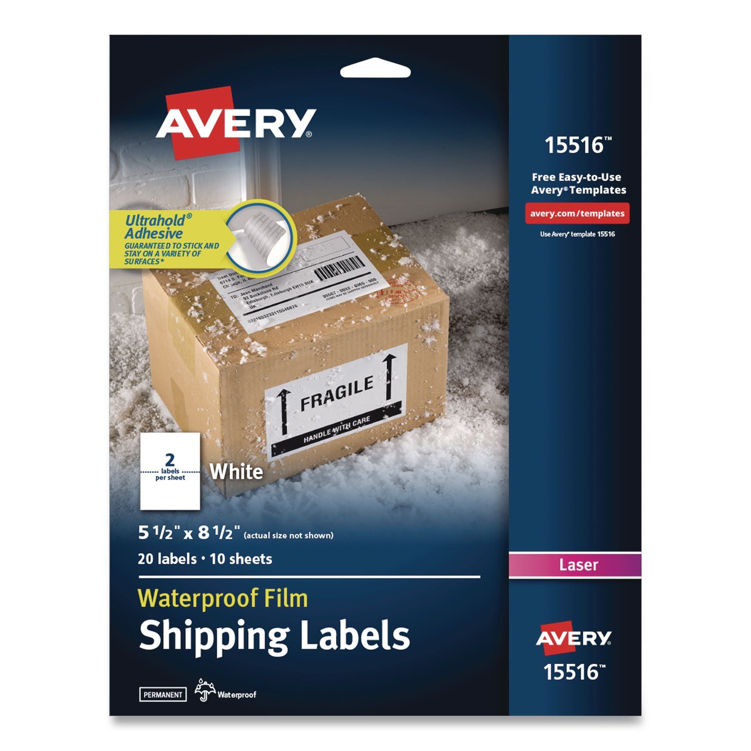Avery Waterproof Shipping Labels with Ultrahold Permanent Adhesive, 5-1/2" x 8-1/2" , 20 Labels for Laser Printers (15516) - Avery 5-1/2" x 8-1/2" Labels, Ultrahold, 20 Labels (15516)