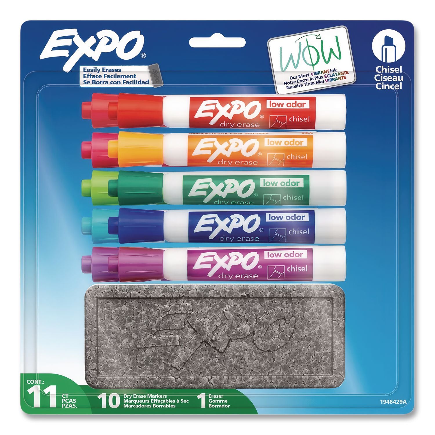 Low-Odor, Dry Erase 10-Color Marker and Eraser Set, Broad Chisel Tip, Assorted Colors, 10/Set