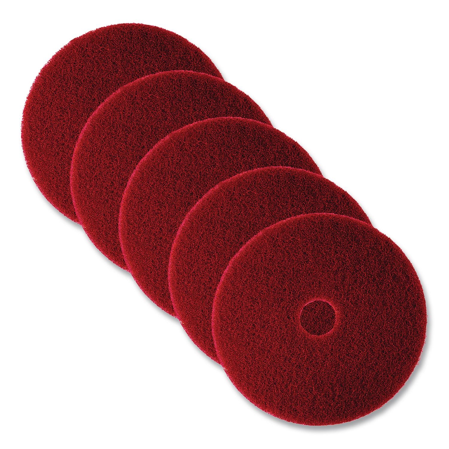 3M Red Buffer Pads - 5/Carton - Round x 17" Diameter - Buffing, Floor, Polishing, Cleaning - 175 rpm to 600 rpm Speed Supported - Textured, Adhesive, Durable, Scuff Mark Remover, Abrasive - Polyester Fiber - Red