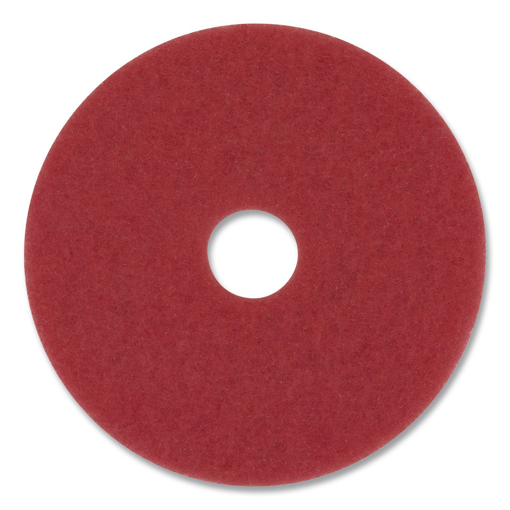 3M Red Buffer Pads - 5/Carton - Round x 17" Diameter - Buffing, Floor, Polishing, Cleaning - 175 rpm to 600 rpm Speed Supported - Textured, Adhesive, Durable, Scuff Mark Remover, Abrasive - Polyester Fiber - Red