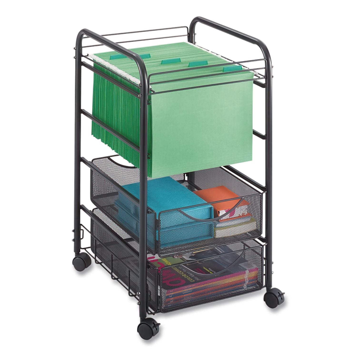 Onyx Mesh Mobile File with Two Supply Drawers, Metal, 1 Shelf, 3 Drawers, 15.75" x 17" x 27", Black