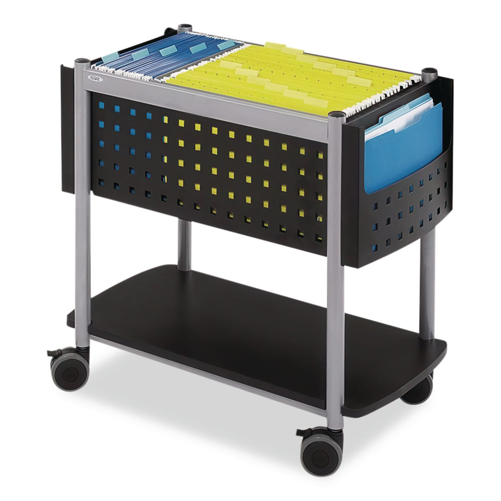 Scoot Open Top Mobile File Cart, Metal, 1 Shelf, 3 Bins, 28" x 14.75" x 26", Black/Silver