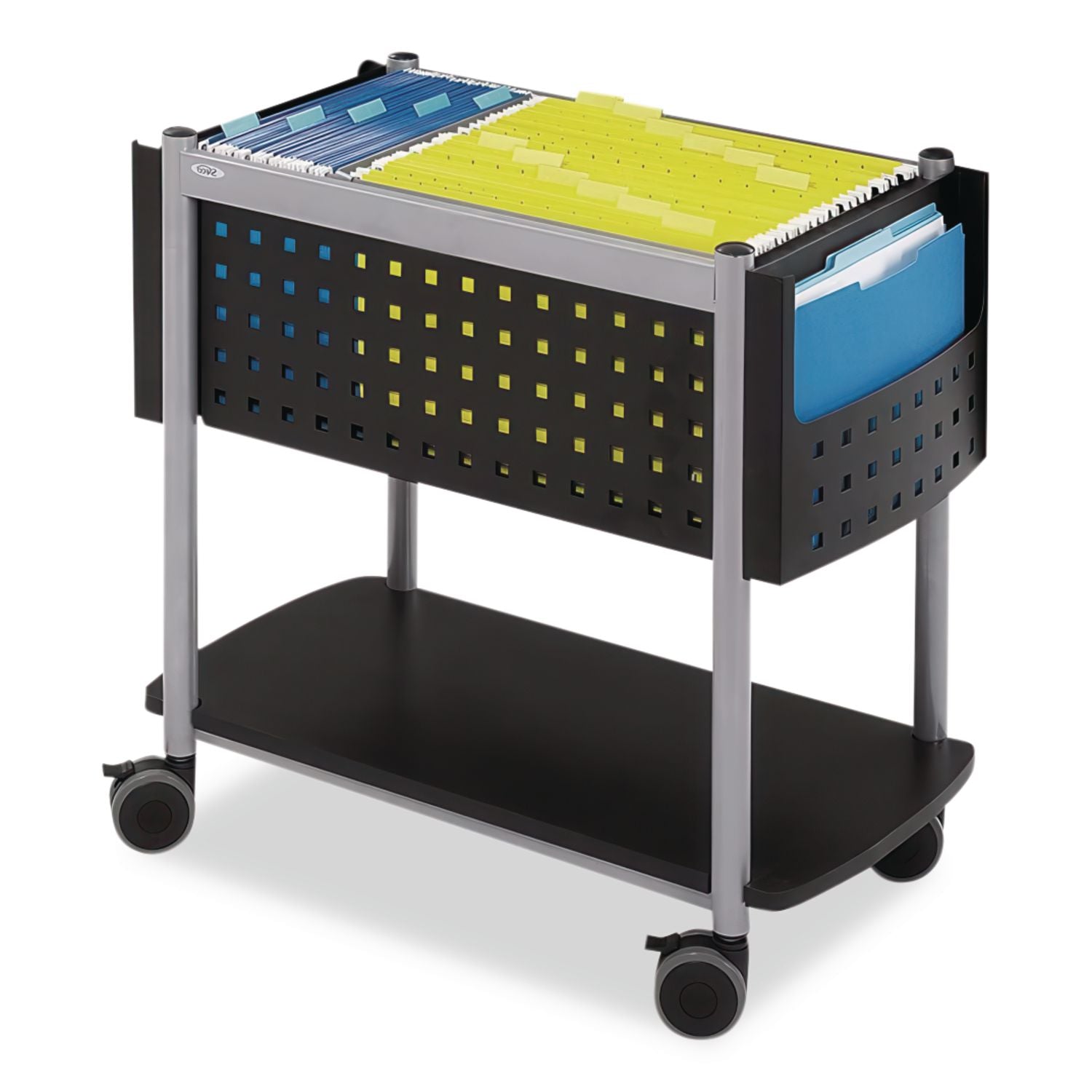 Scoot Open Top Mobile File Cart, Metal, 1 Shelf, 3 Bins, 28" x 14.75" x 26", Black/Silver