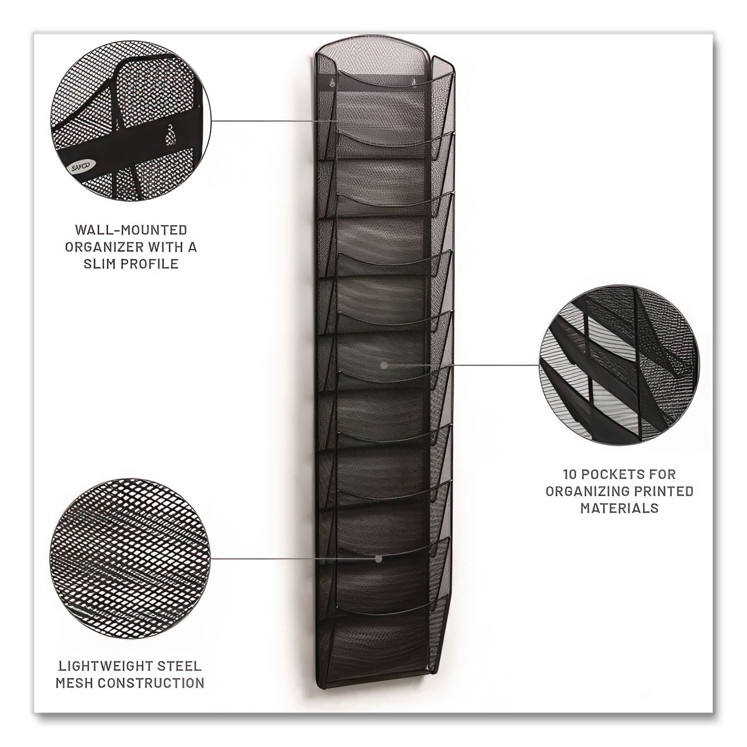 Onyx Mesh Literature Rack, Ten Compartments, 10.25w x 3.5d x 50.75h, Black
