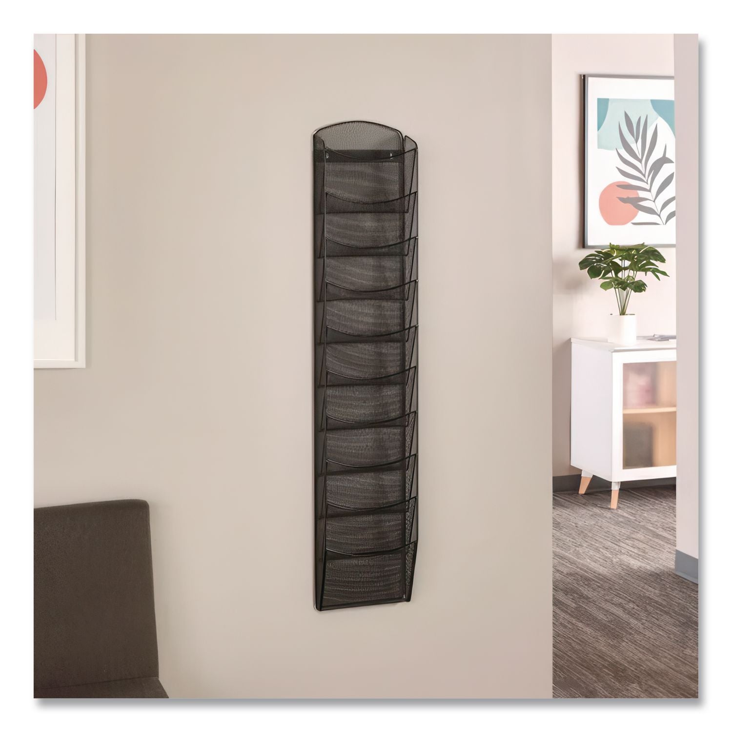 Onyx Mesh Literature Rack, Ten Compartments, 10.25w x 3.5d x 50.75h, Black