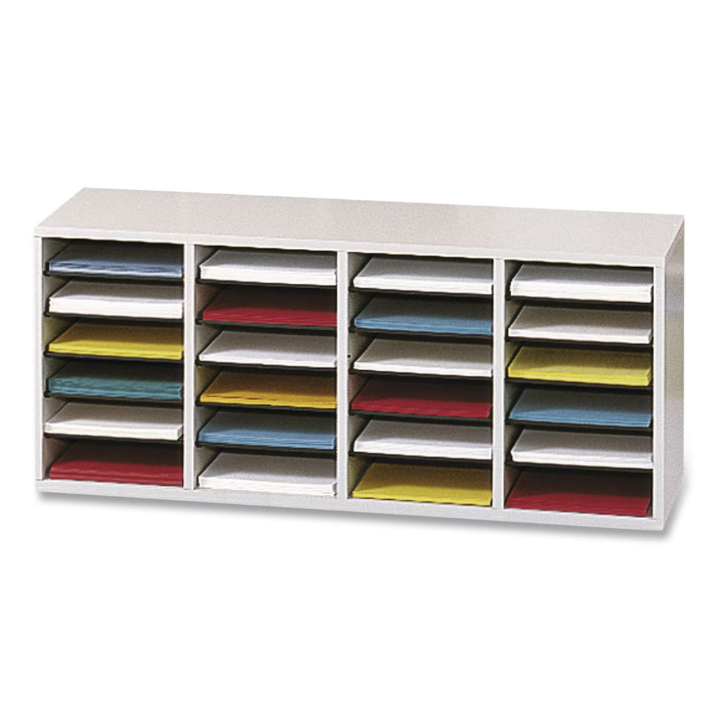 Wood/Laminate Literature Sorter, 24 Compartments, 39.25 x 11.75 x 16.38, Gray