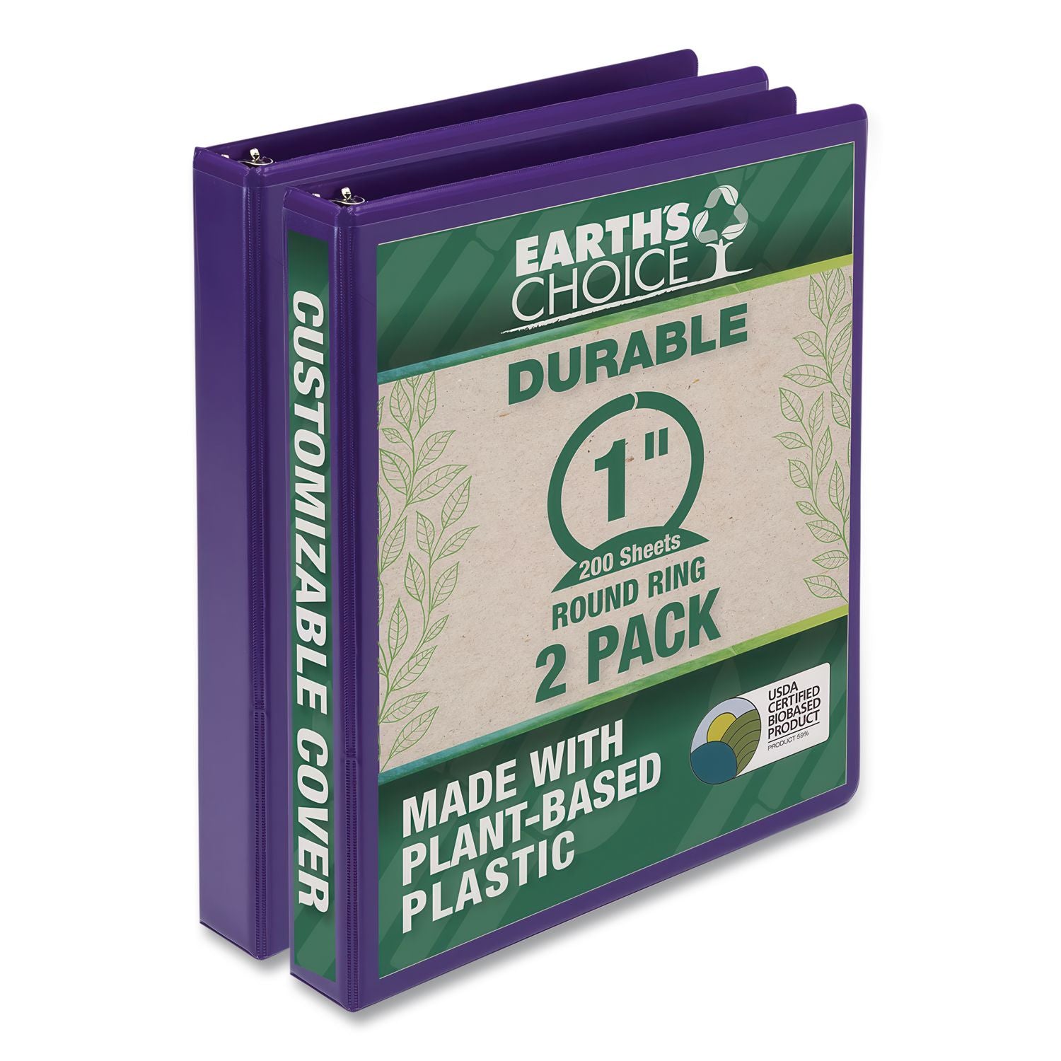 Earths Choice Plant-Based Durable Fashion View Binder, 3 Rings, 1" Capacity, 11 x 8.5, Purple, 2/Pack