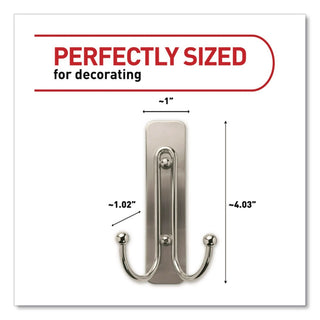 Adhesive Mount Metal Hook, Large, Double Hook, Brushed Nickel Finish, 4 lb Capacity, 1 Hook and 2 Strips