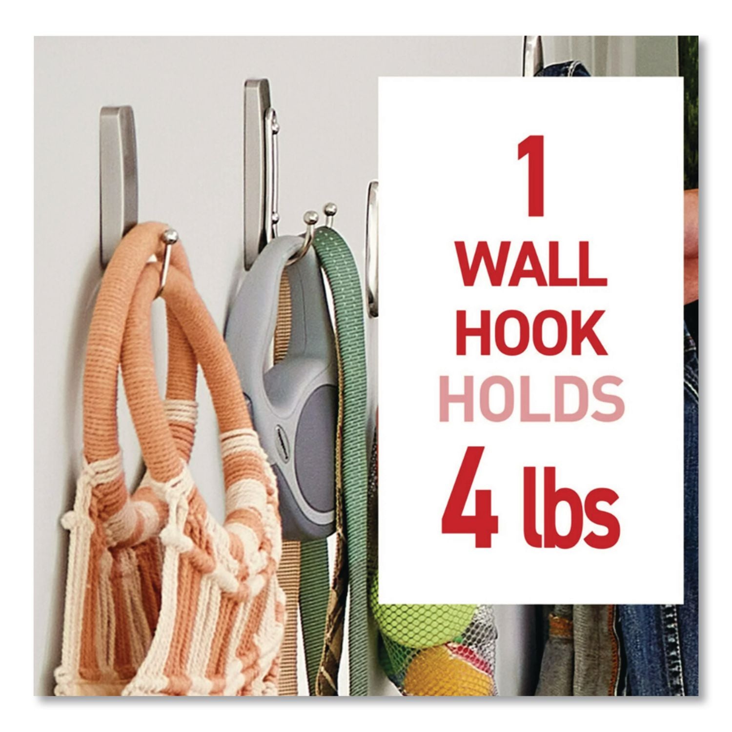 Adhesive Mount Metal Hook, Large, Double Hook, Brushed Nickel Finish, 4 lb Capacity, 1 Hook and 2 Strips