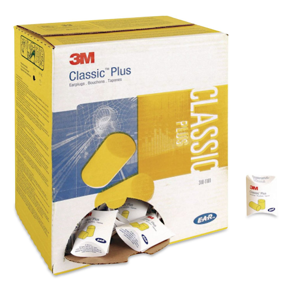 E-A-R Classic Plus Earplugs, Cordless, PVC Foam, Yellow, 200 Pairs/Box