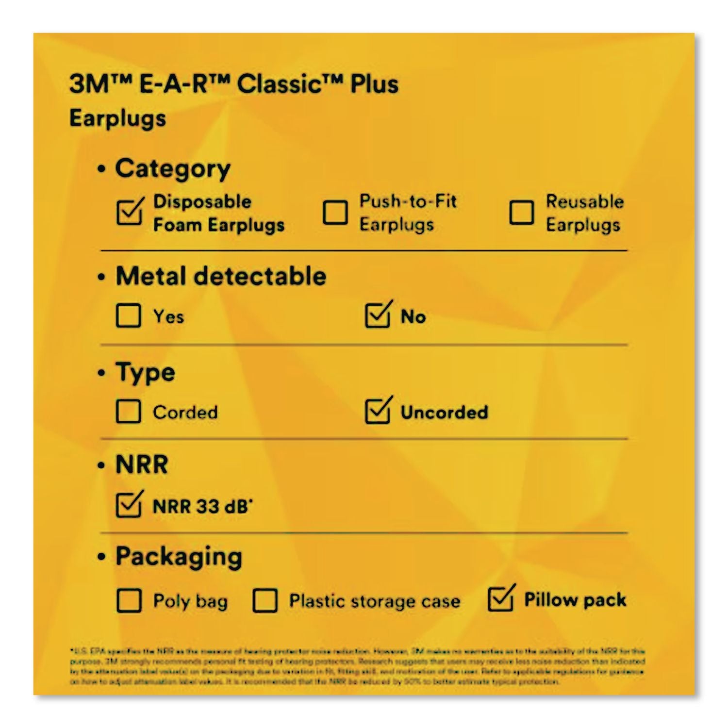 E-A-R Classic Plus Earplugs, Cordless, PVC Foam, Yellow, 200 Pairs/Box