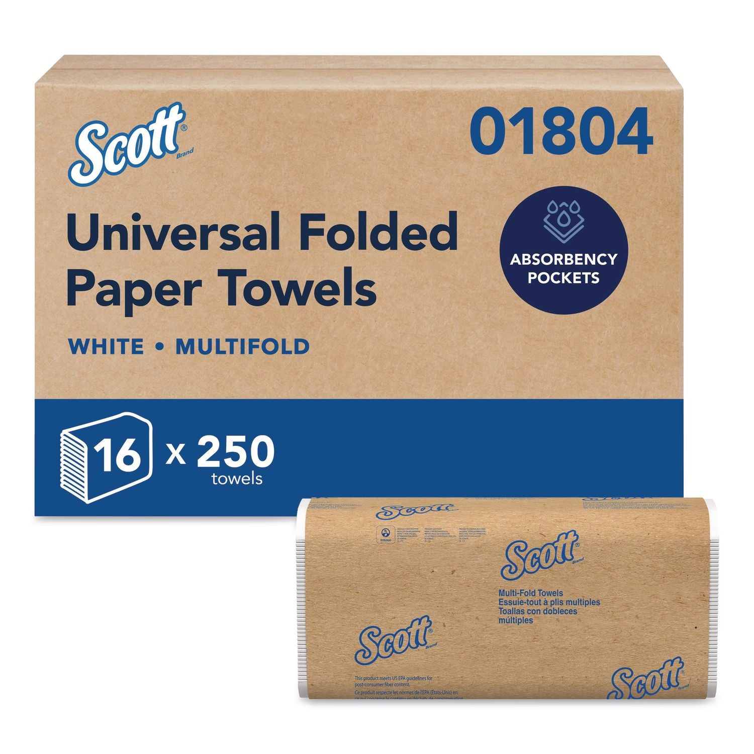 Essential Multi-Fold Towels, Absorbency Pockets, 1-Ply, 9.2 x 9.4, White, 250/Packs, 16 Packs/Carton