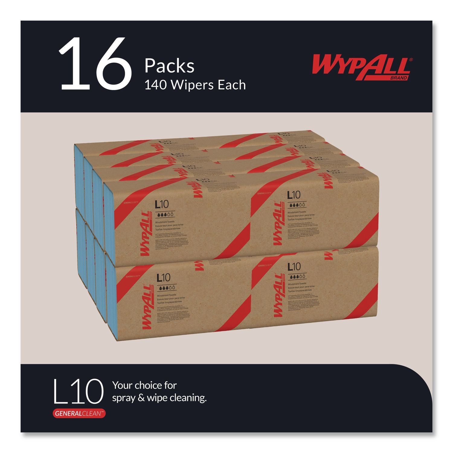 L10 Windshield Wipers, Banded, 2-Ply, 9.38 x 10.25, Light Blue, 140/Pack, 16 Packs/Carton