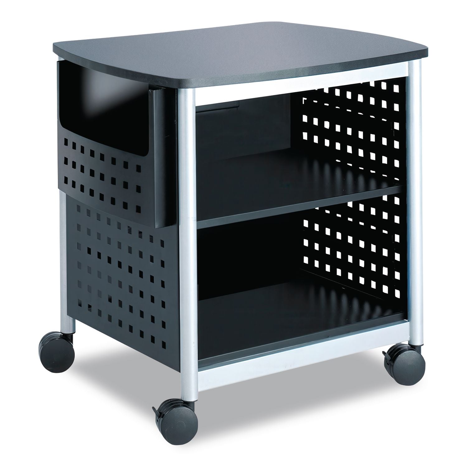 Scoot Deskside Printer Stand, File Pocket, Metal, 3 Shelves, 1 Bin, 200 lb Capacity, 26.5 x 20.5 x 26.5, Black/Silver
