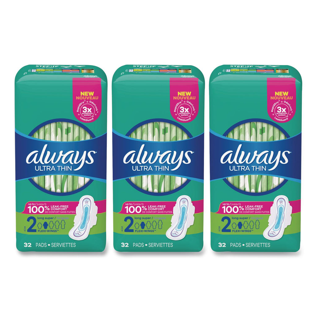 Ultra Thin Pads with Wings, Size 2, Long, Super Absorbent, 32/Pack, 3 Packs/Carton