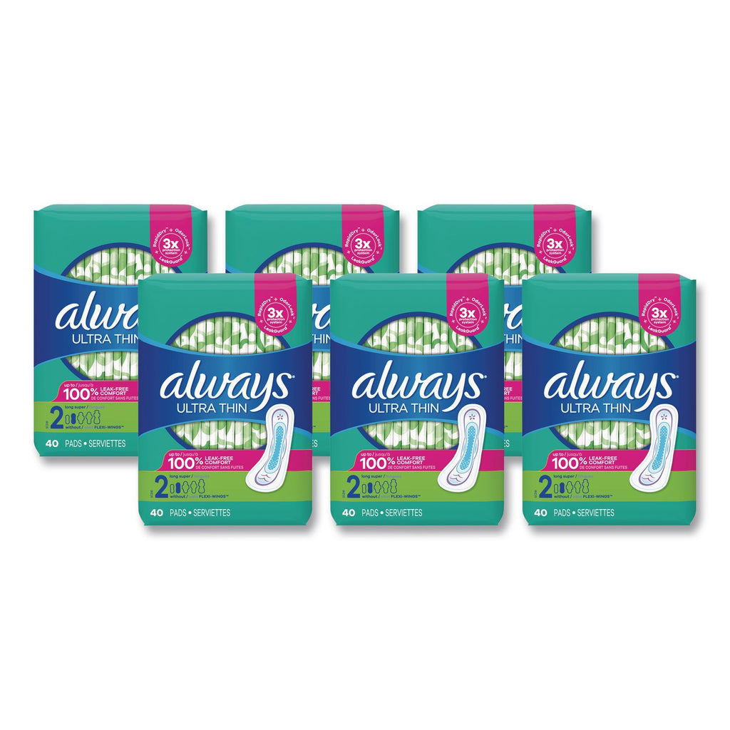 Ultra Thin Pads, Super Long 10 Hour, 40/Pack, 6 Packs/Carton