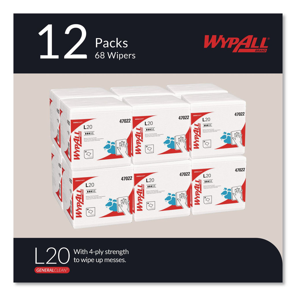L20 Towels, 1/4 Fold, 4-Ply, 12.5 x 13, Unscented, White, 68/Pack, 12 Packs/Carton