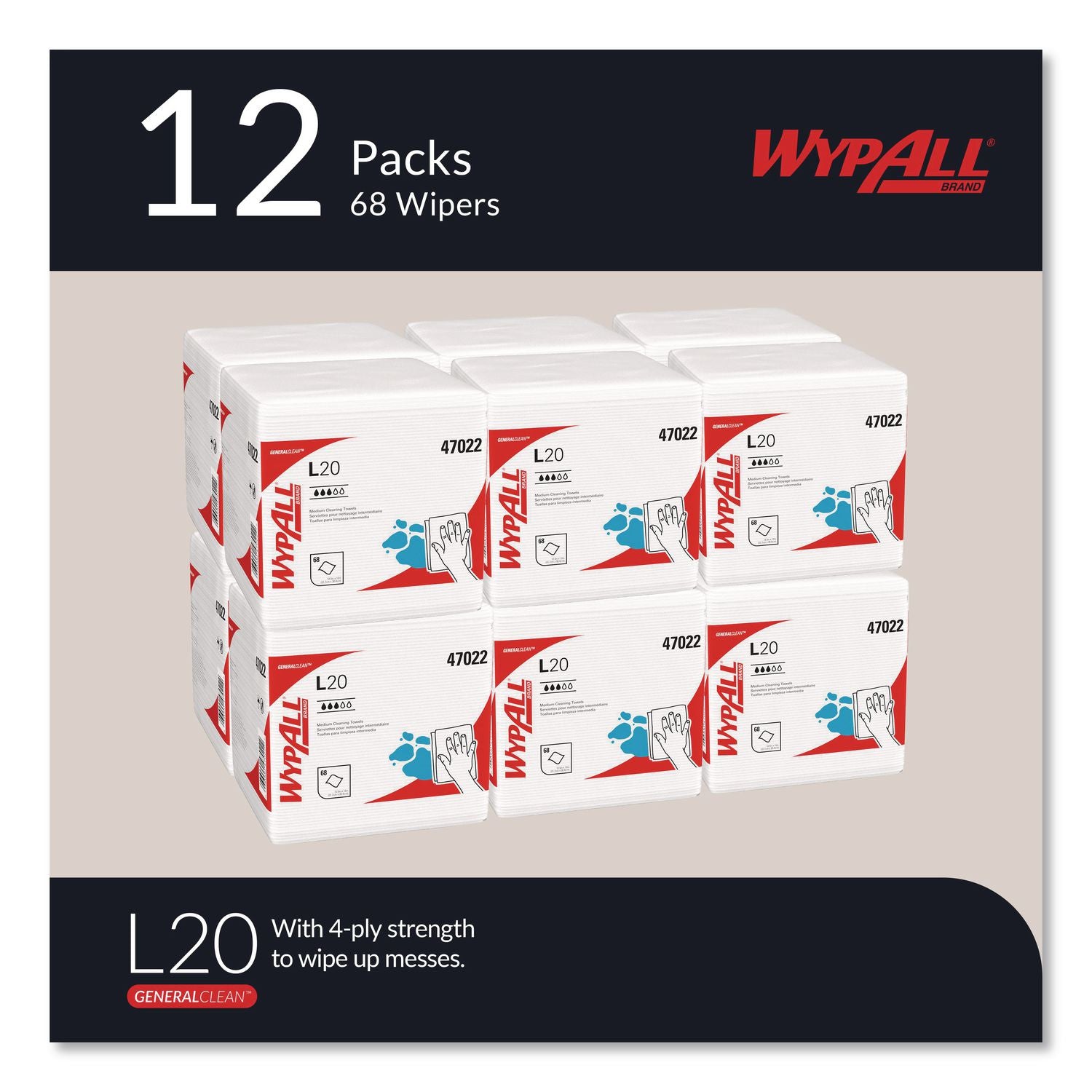L20 Towels, 1/4 Fold, 4-Ply, 12.5 x 13, Unscented, White, 68/Pack, 12 Packs/Carton