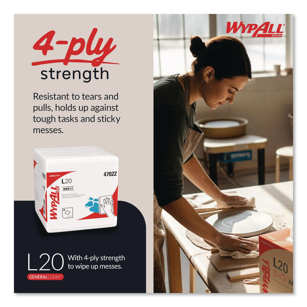 L20 Towels, 1/4 Fold, 4-Ply, 12.5 x 13, Unscented, White, 68/Pack, 12 Packs/Carton