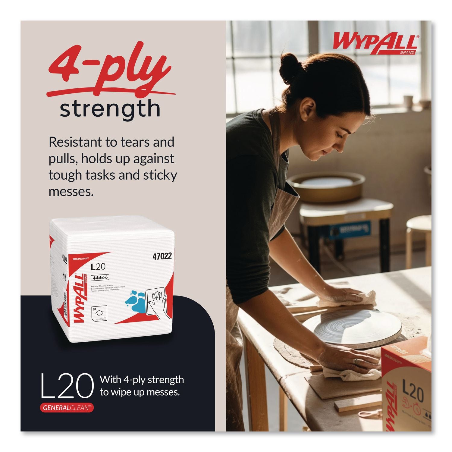 L20 Towels, 1/4 Fold, 4-Ply, 12.5 x 13, Unscented, White, 68/Pack, 12 Packs/Carton
