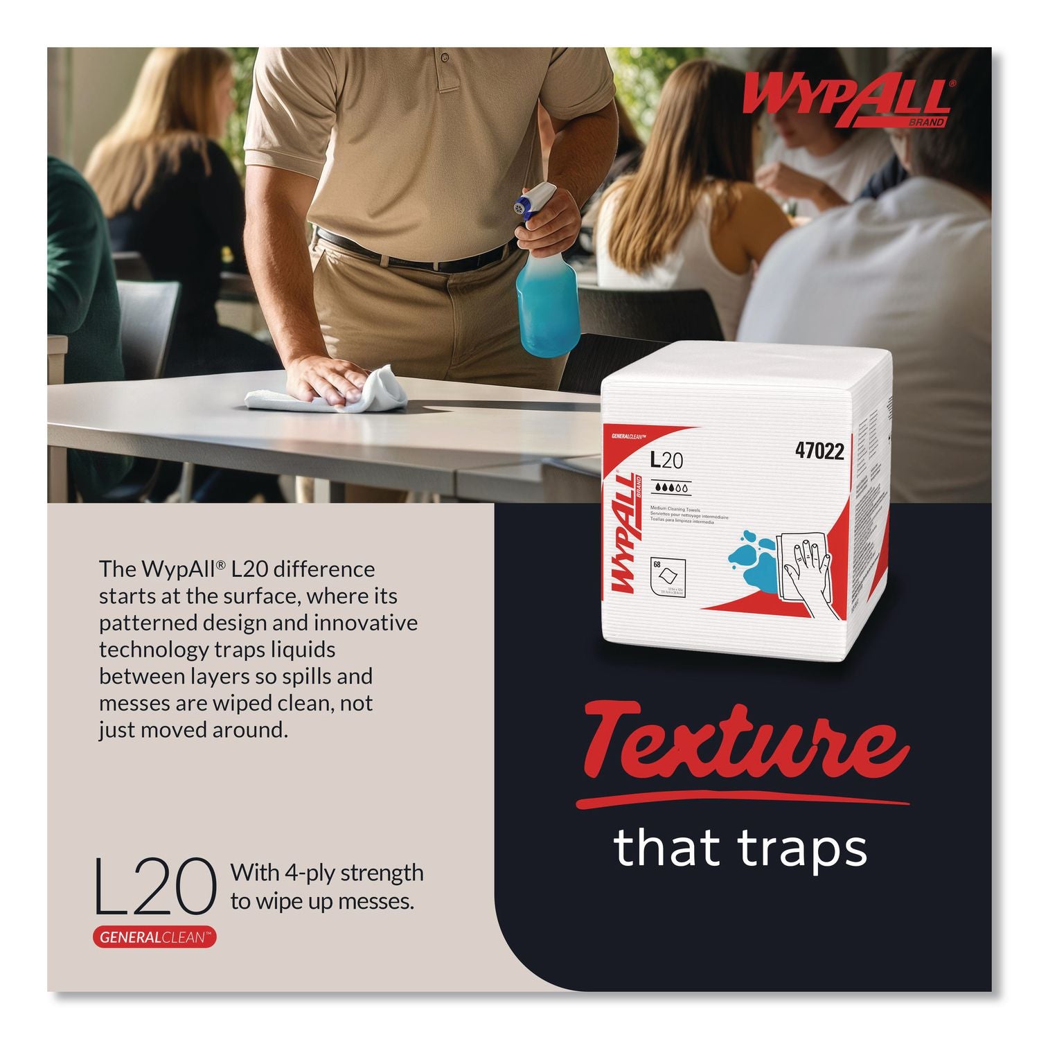 L20 Towels, 1/4 Fold, 4-Ply, 12.5 x 13, Unscented, White, 68/Pack, 12 Packs/Carton