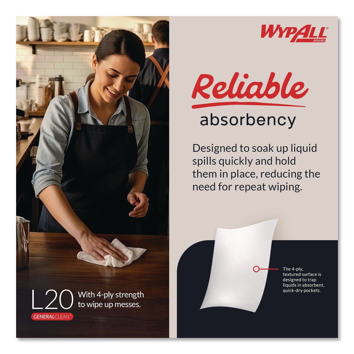 L20 Towels, 1/4 Fold, 4-Ply, 12.5 x 13, Unscented, White, 68/Pack, 12 Packs/Carton