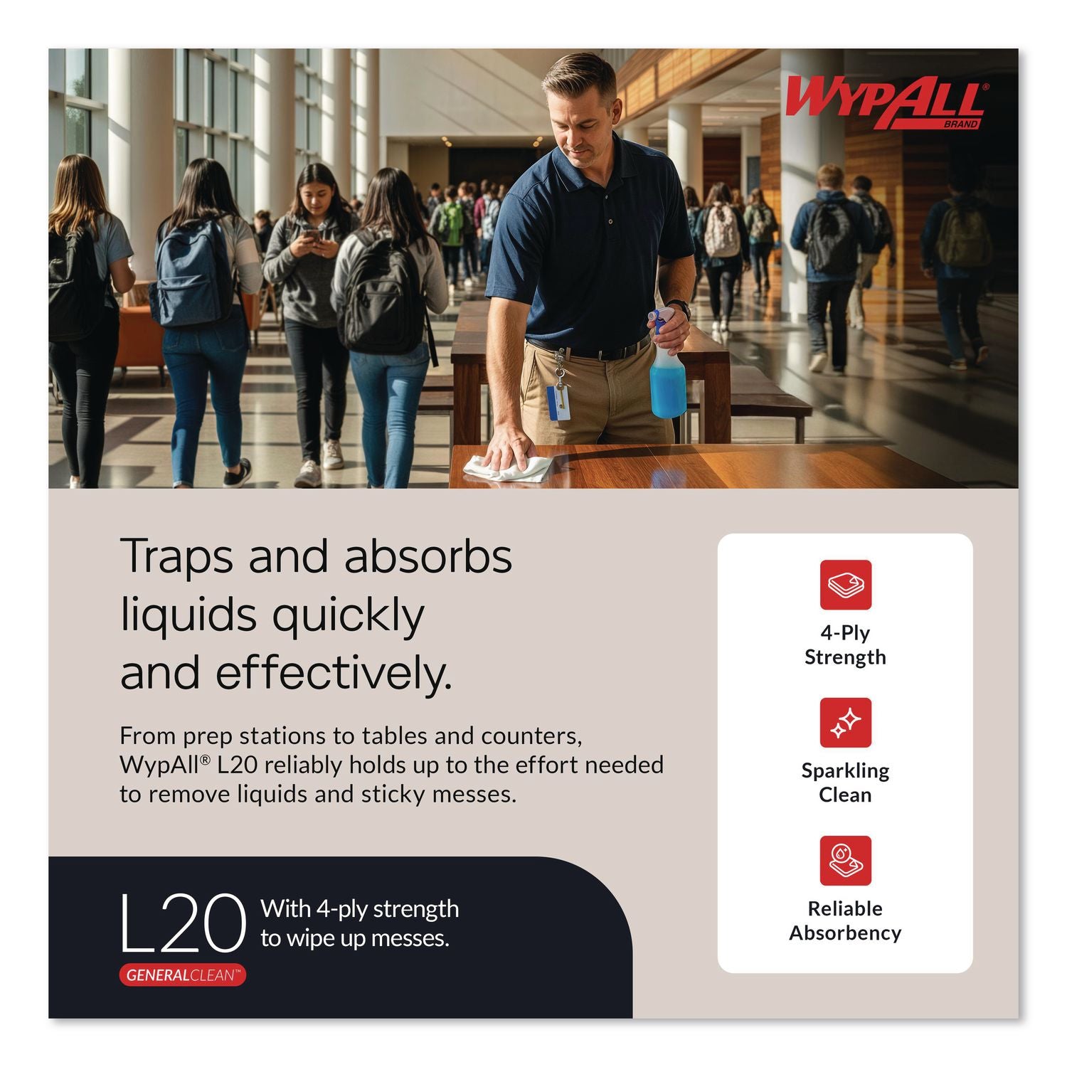 L20 Towels, 1/4 Fold, 4-Ply, 12.5 x 13, Unscented, White, 68/Pack, 12 Packs/Carton