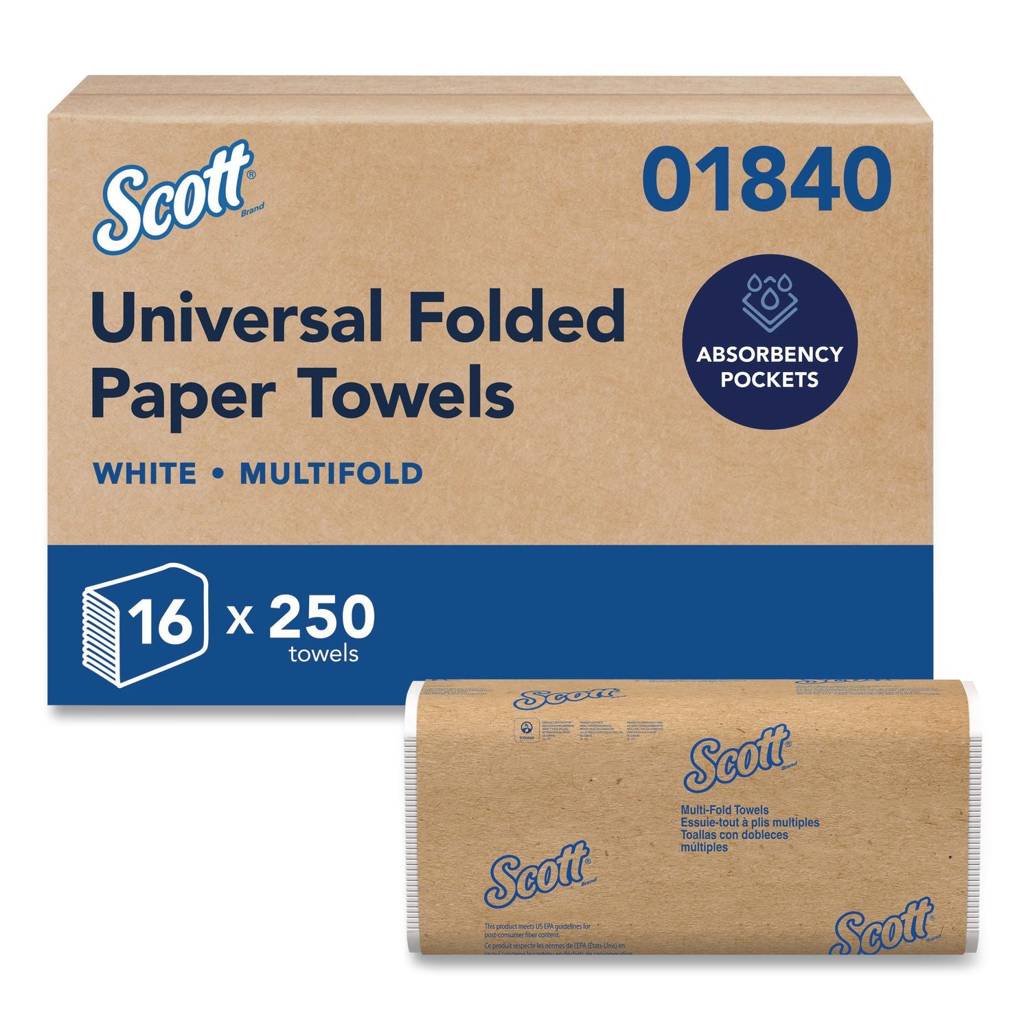 Essential Multi-Fold Towels, Absorbency Pockets, 1-Ply, 9.2 x 9.4, White, 250/Pack, 16 Packs/Carton