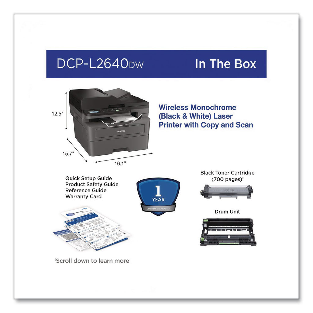 DCP-L2640DW Wireless Compact Monochrome Multifunction Laser Printer, Copy/Print/Scan