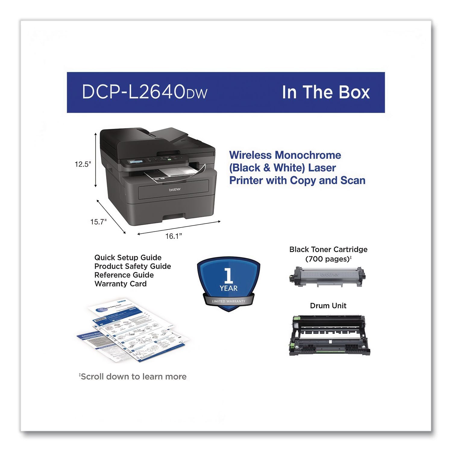 DCP-L2640DW Wireless Compact Monochrome Multifunction Laser Printer, Copy/Print/Scan